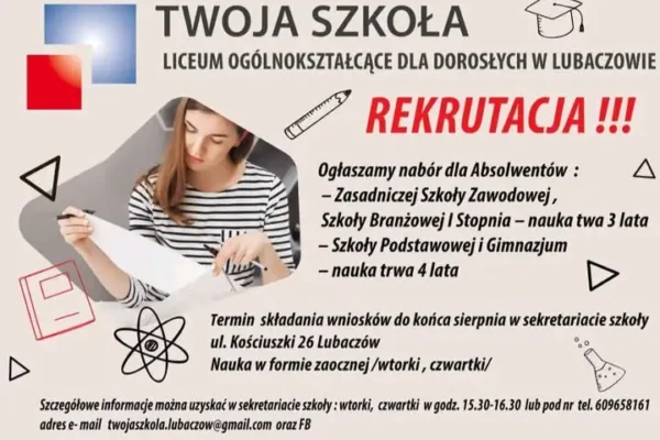 Liceum dla Dorosłych w Lubaczowie prowadzi rekrutację na rok szkolny 2026/2027