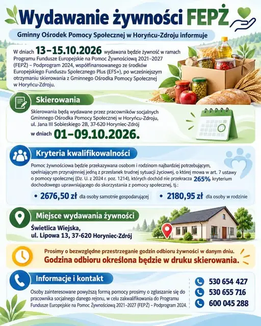 Żywność z Programu FEPŻ dla mieszkańców gminy Horyniec-Zdrój – harmonogram wydawania