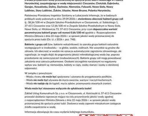 Bakterie coli w wodociągu w Polance Horynieckiej – sanepid ostrzega mieszkańców