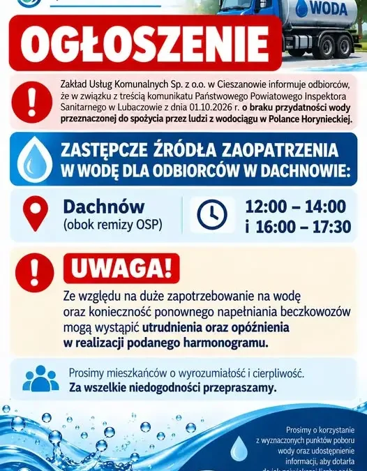 Utrudnienia w dostawie wody w Dachnowie – harmonogram beczkowozów