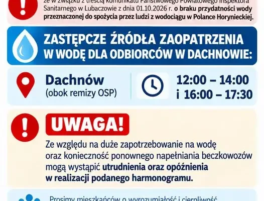 Utrudnienia w dostawie wody w Dachnowie – harmonogram i beczkowozy