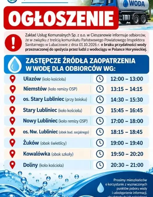 Cieszanów: beczkowozy z wodą pitną dla mieszkańców po decyzji sanepidu