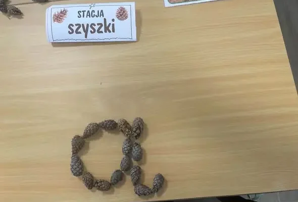 Klasa Ib z Lubaczowa tworzy litery z jesiennych darów natury